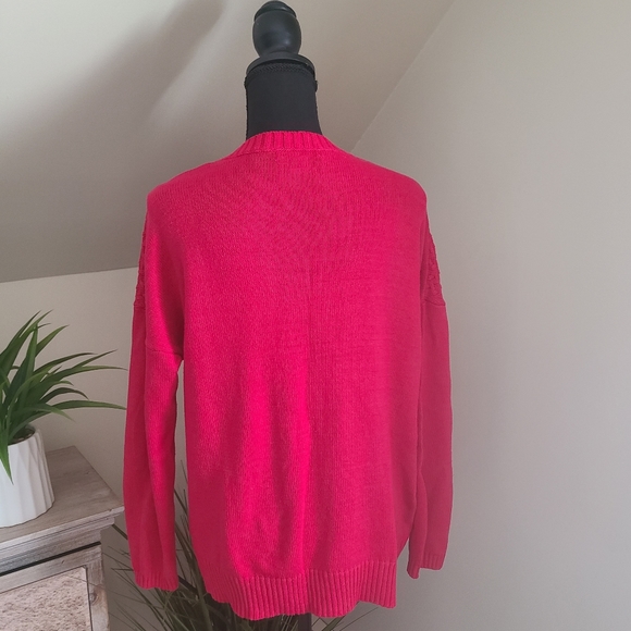 🌟Liz Claiborne Cable Knit V-Neck Magenta Pink Sweater Size Large - Picture 5 of 6